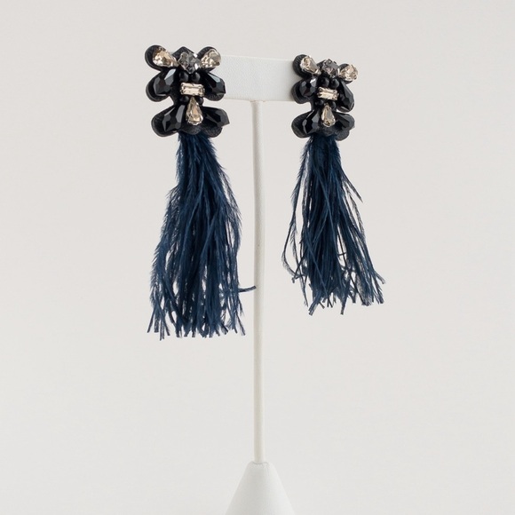 Stella & Dot Navy French Twist Feather Earrings Crystal Rhinestone Drop Dangle - Picture 6 of 10